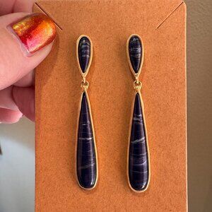 Navy Blue Stone Teardrop Dangle Earrings - Gold Tone